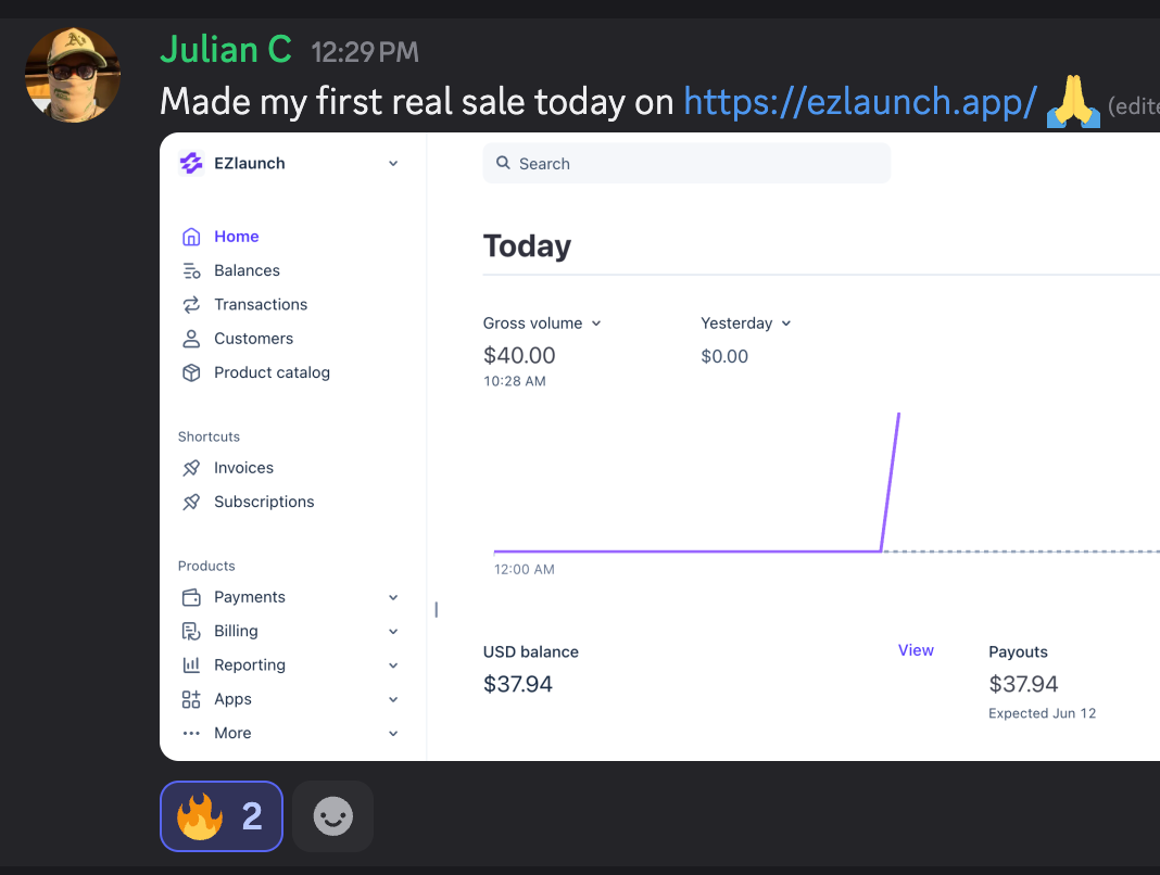 Crew member Julian C made his first real sale on ezlaunch.app